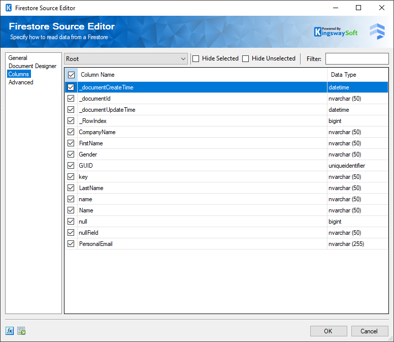 Firestore Source - Columns Page